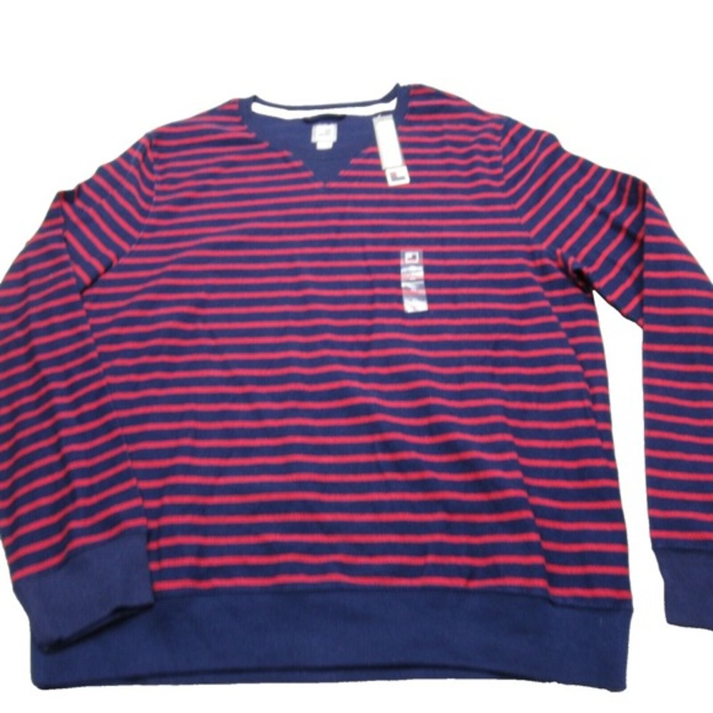 JC Penny Sweater Mens XL Blue Red Striped‎ Cotton Crew Neck Knit Pullover NEW